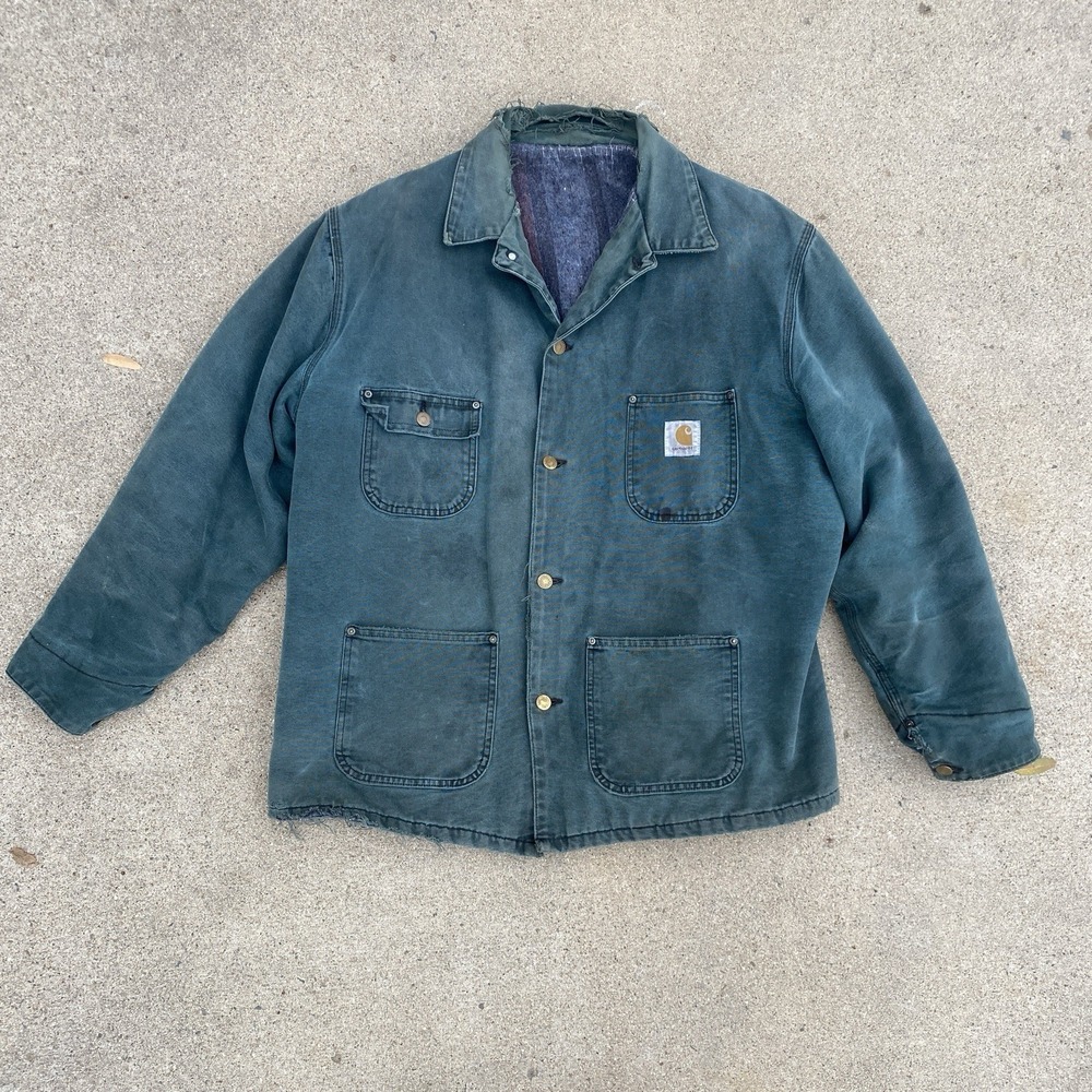 Vintage 80s 90s Carhartt Barn Jacket Coat L/XL Distressed Teal Green Made In USA - Picture 1 of 11